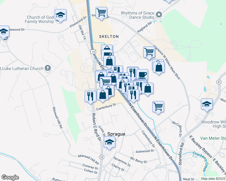 map of restaurants, bars, coffee shops, grocery stores, and more near Beckley Crossing Shopping Center in Beckley