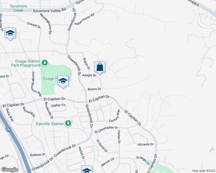 map of restaurants, bars, coffee shops, grocery stores, and more near 382 Bolero Drive in Danville