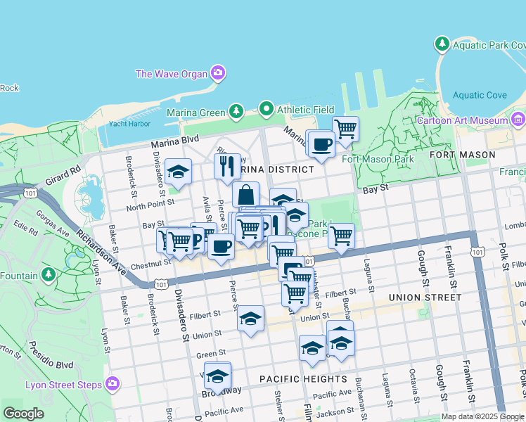 map of restaurants, bars, coffee shops, grocery stores, and more near 25 Cervantes Boulevard in San Francisco