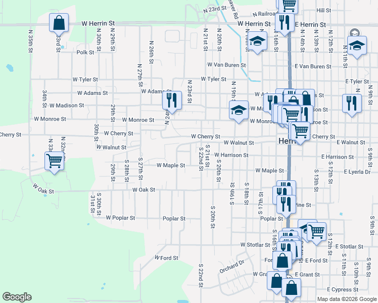 map of restaurants, bars, coffee shops, grocery stores, and more near West Harrison Street in Herrin