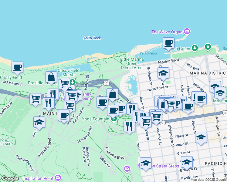 map of restaurants, bars, coffee shops, grocery stores, and more near 1162 Gorgas Avenue in San Francisco