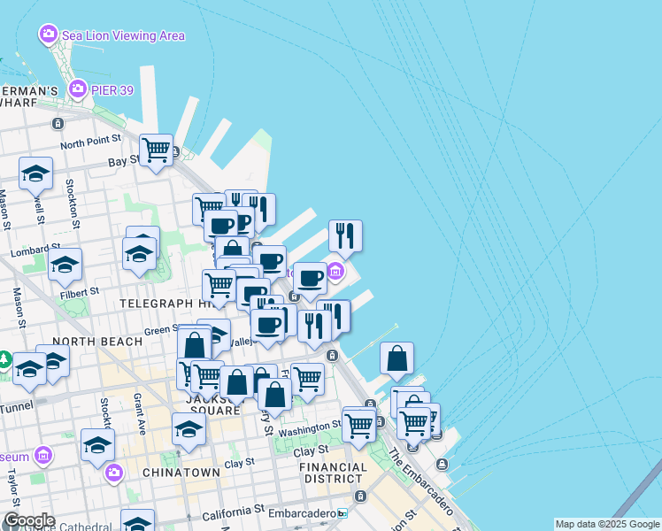 map of restaurants, bars, coffee shops, grocery stores, and more near The Embarcadero in San Francisco