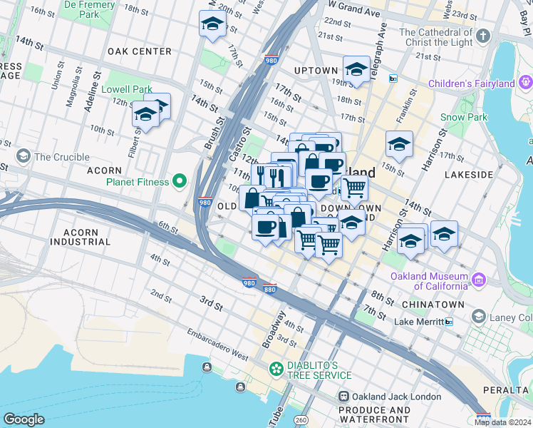 map of restaurants, bars, coffee shops, grocery stores, and more near in Oakland