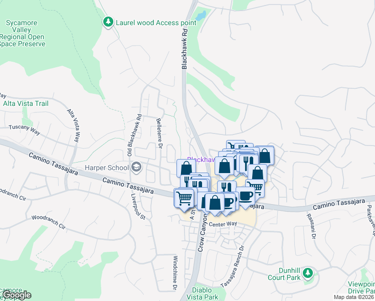 map of restaurants, bars, coffee shops, grocery stores, and more near 525 Silver Oak Lane in Danville