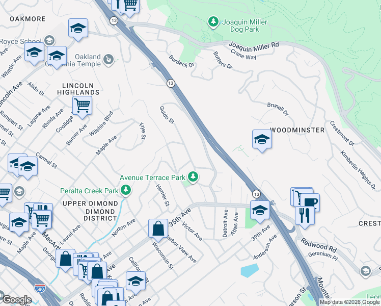 map of restaurants, bars, coffee shops, grocery stores, and more near 3257 Monterey Boulevard in Oakland
