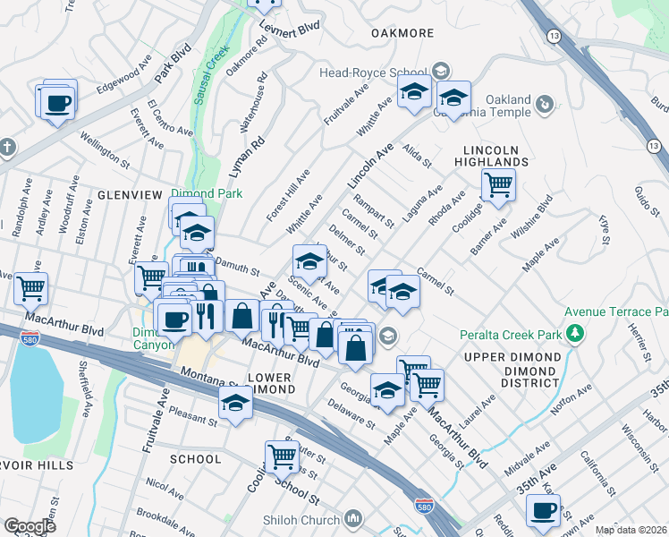 map of restaurants, bars, coffee shops, grocery stores, and more near 2440 Wilbur Street in Oakland