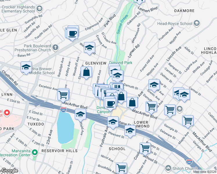 map of restaurants, bars, coffee shops, grocery stores, and more near 3769 Dimond Avenue in Oakland