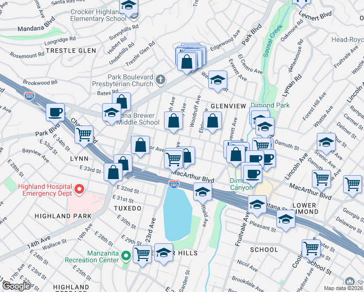 map of restaurants, bars, coffee shops, grocery stores, and more near in Oakland
