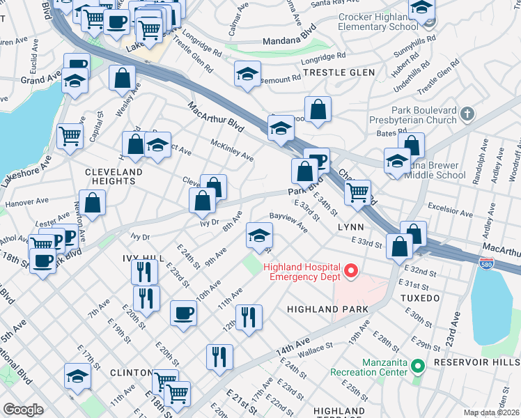 map of restaurants, bars, coffee shops, grocery stores, and more near 2982 Park Boulevard in Oakland