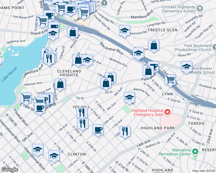 map of restaurants, bars, coffee shops, grocery stores, and more near 869 Cleveland Street in Oakland