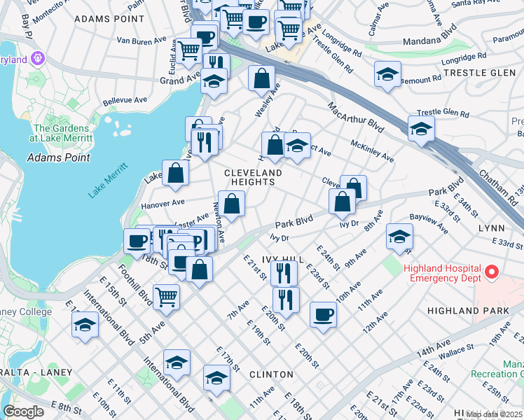map of restaurants, bars, coffee shops, grocery stores, and more near 438 Athol Avenue in Oakland