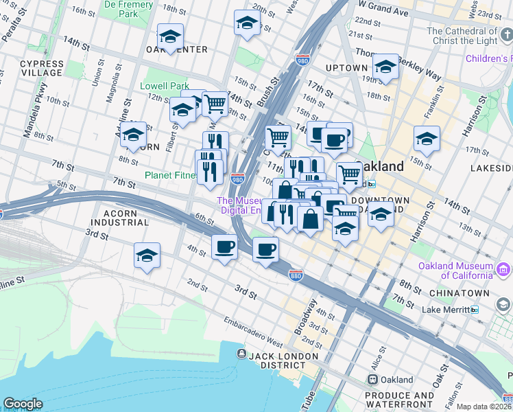 map of restaurants, bars, coffee shops, grocery stores, and more near in Oakland