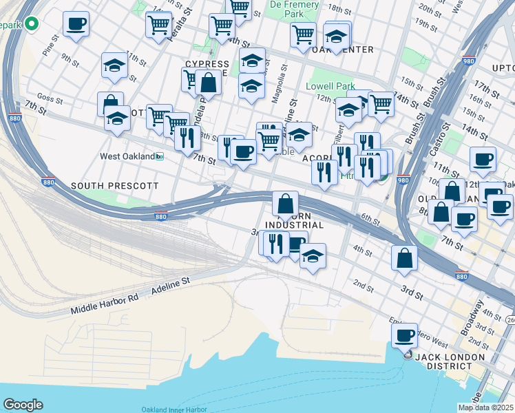 map of restaurants, bars, coffee shops, grocery stores, and more near 1155 7th Street in Oakland