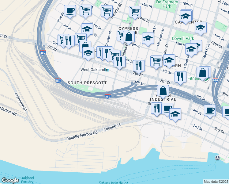 map of restaurants, bars, coffee shops, grocery stores, and more near 1357 Fifth Street in Oakland
