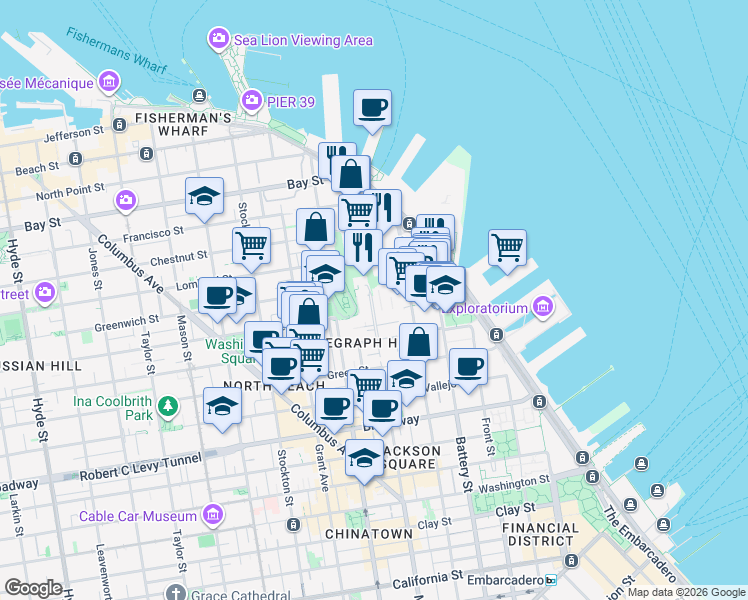 map of restaurants, bars, coffee shops, grocery stores, and more near 287 Greenwich Street in San Francisco