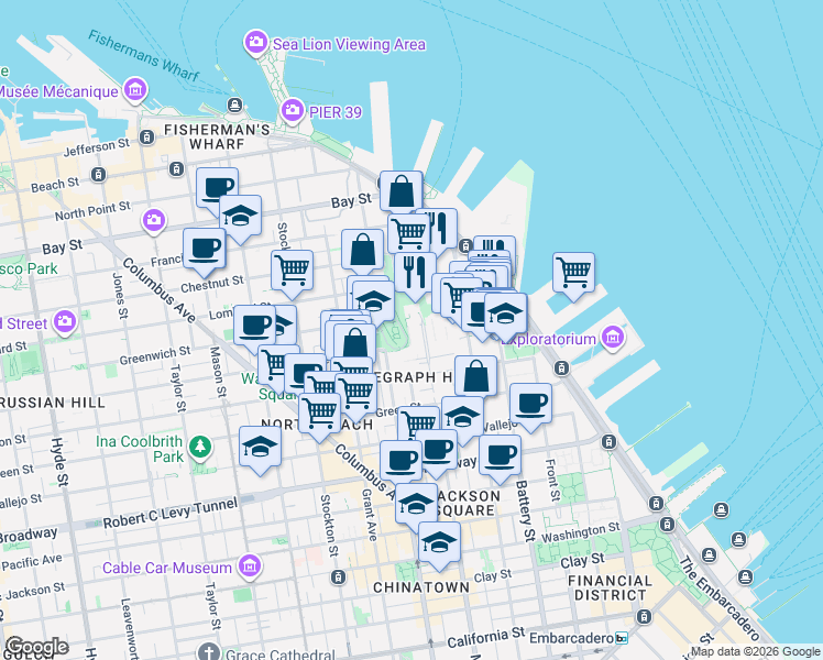 map of restaurants, bars, coffee shops, grocery stores, and more near 287 Greenwich Street in San Francisco