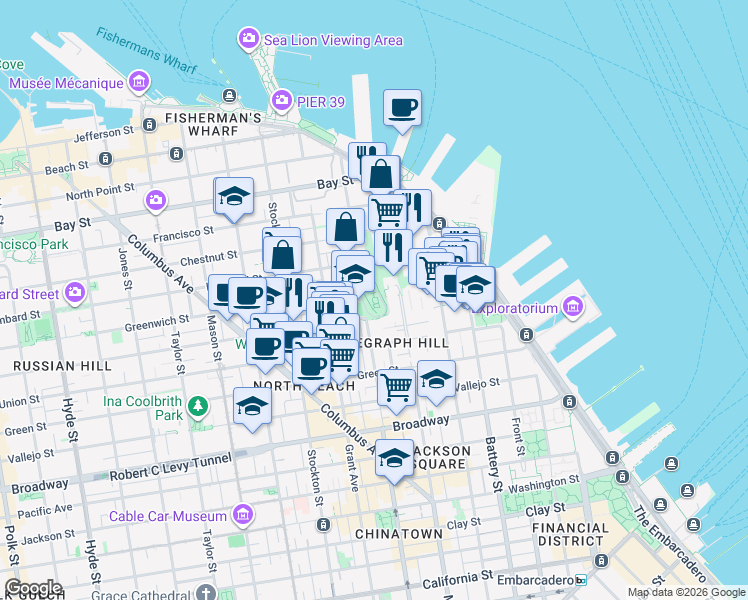 map of restaurants, bars, coffee shops, grocery stores, and more near 280 Telegraph Hill Boulevard in San Francisco
