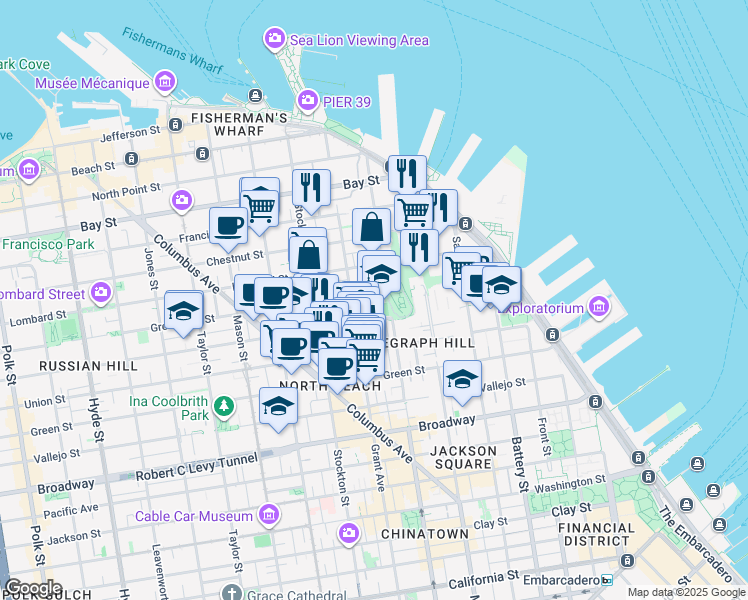 map of restaurants, bars, coffee shops, grocery stores, and more near 425 Greenwich Street in San Francisco