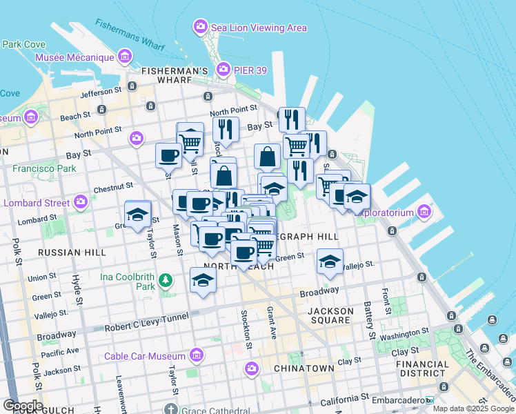 map of restaurants, bars, coffee shops, grocery stores, and more near 425 Greenwich Street in San Francisco