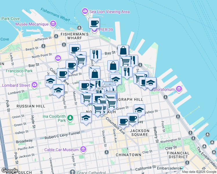 map of restaurants, bars, coffee shops, grocery stores, and more near 425 Greenwich Street in San Francisco