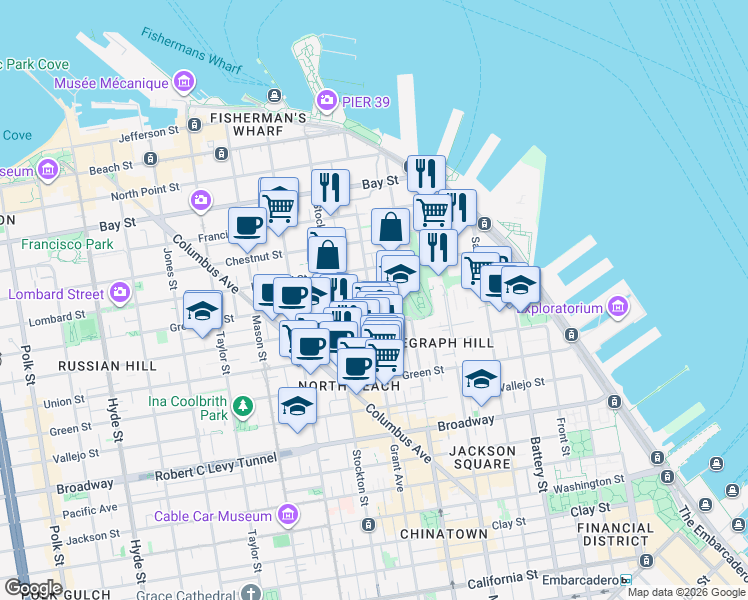 map of restaurants, bars, coffee shops, grocery stores, and more near 425 Greenwich Street in San Francisco