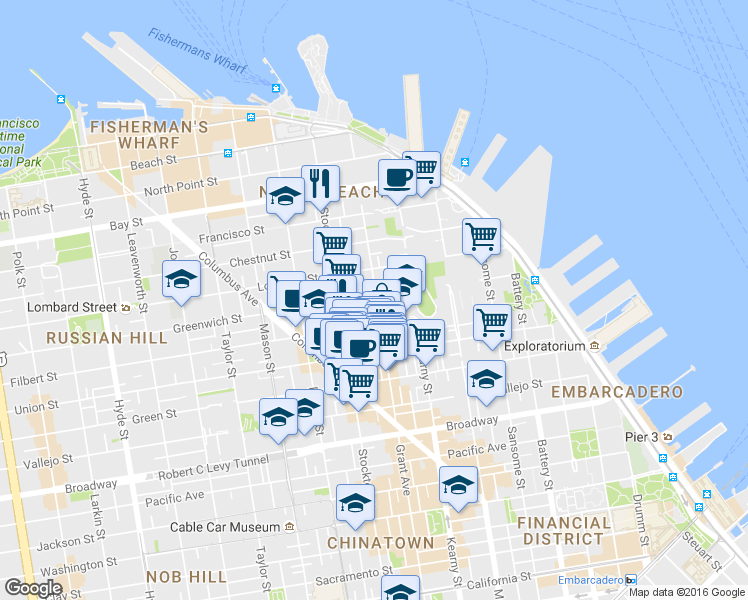 map of restaurants, bars, coffee shops, grocery stores, and more near 425 Greenwich Street in San Francisco