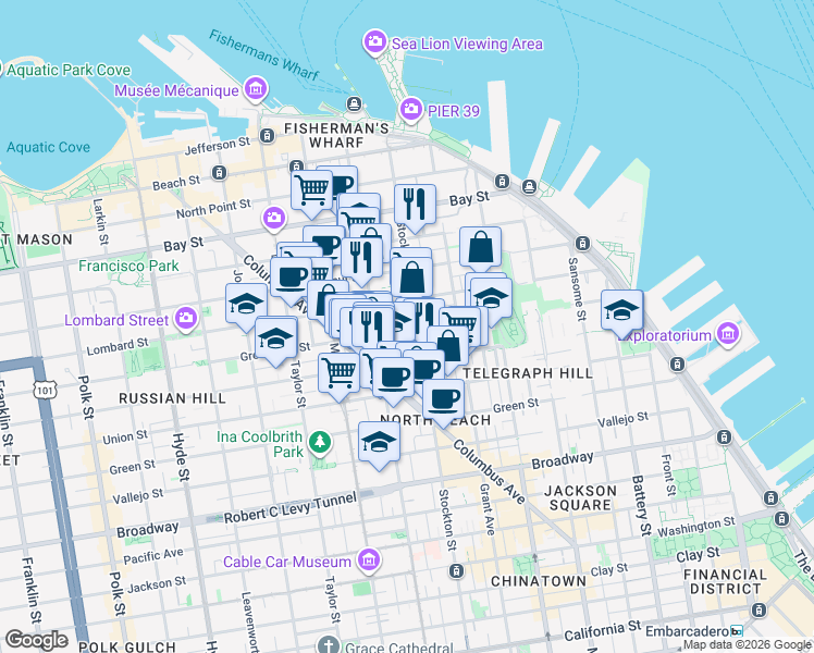 map of restaurants, bars, coffee shops, grocery stores, and more near 636 Greenwich Street in San Francisco