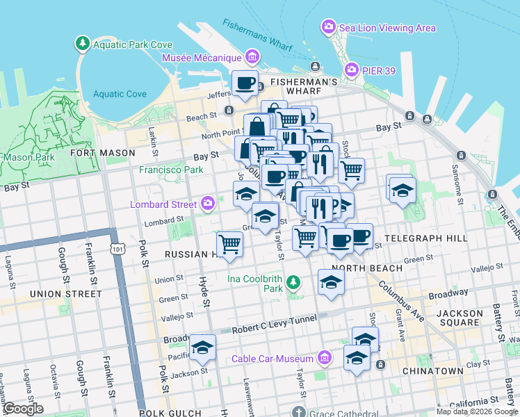 map of restaurants, bars, coffee shops, grocery stores, and more near in San Francisco