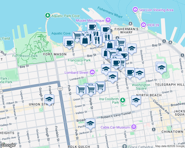 map of restaurants, bars, coffee shops, grocery stores, and more near in San Francisco