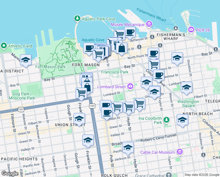 map of restaurants, bars, coffee shops, grocery stores, and more near 1056 Chestnut Street in San Francisco