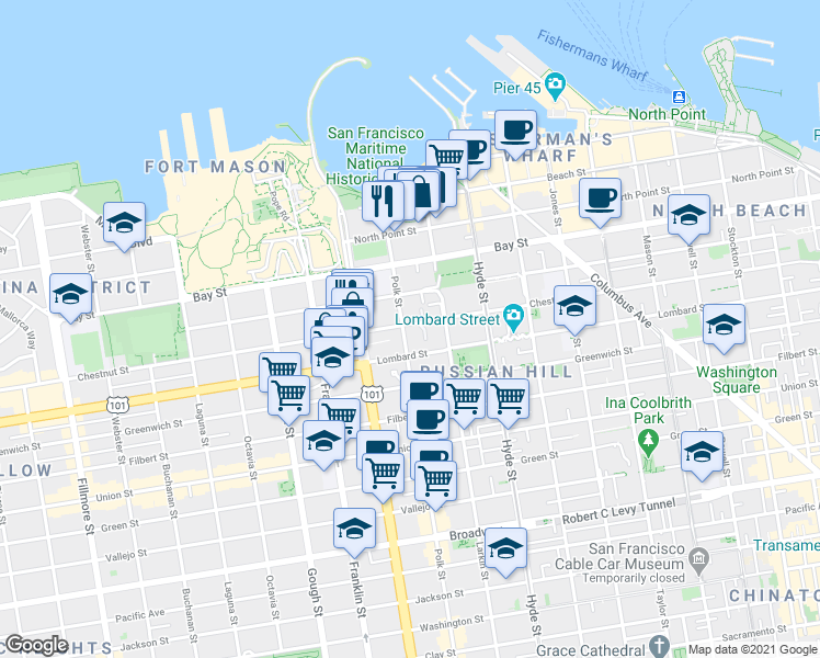 map of restaurants, bars, coffee shops, grocery stores, and more near 131 Culebra Terrace in San Francisco
