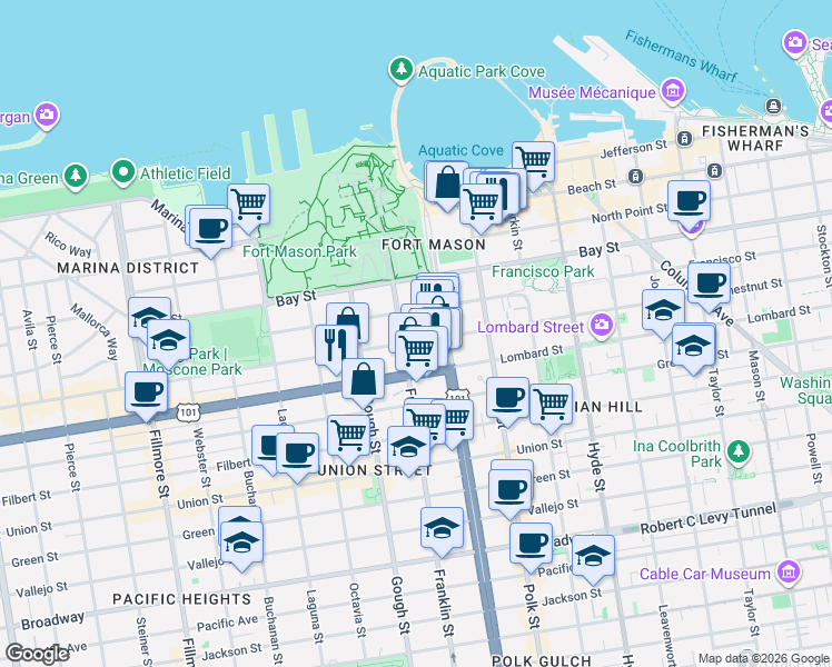 map of restaurants, bars, coffee shops, grocery stores, and more near 13 Francisco Street in San Francisco