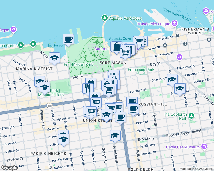 map of restaurants, bars, coffee shops, grocery stores, and more near 13 Francisco Street in San Francisco