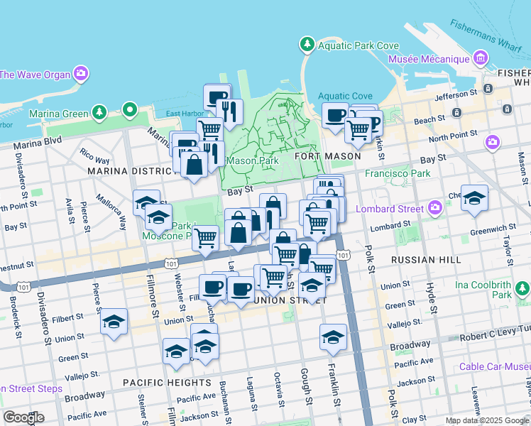 map of restaurants, bars, coffee shops, grocery stores, and more near 3219 Gough Street in San Francisco