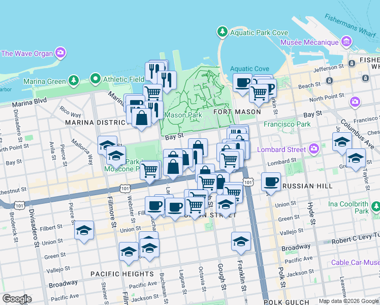 map of restaurants, bars, coffee shops, grocery stores, and more near 3219 Gough Street in San Francisco