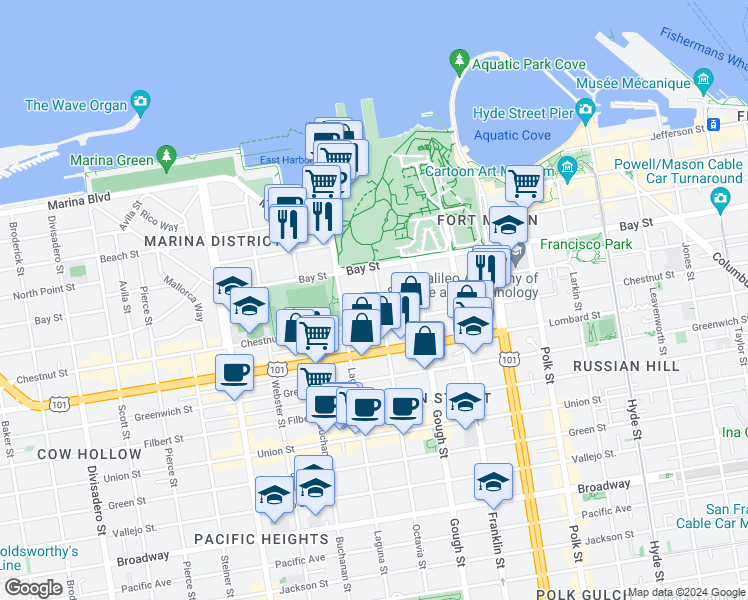 map of restaurants, bars, coffee shops, grocery stores, and more near 3321 Octavia Street in San Francisco