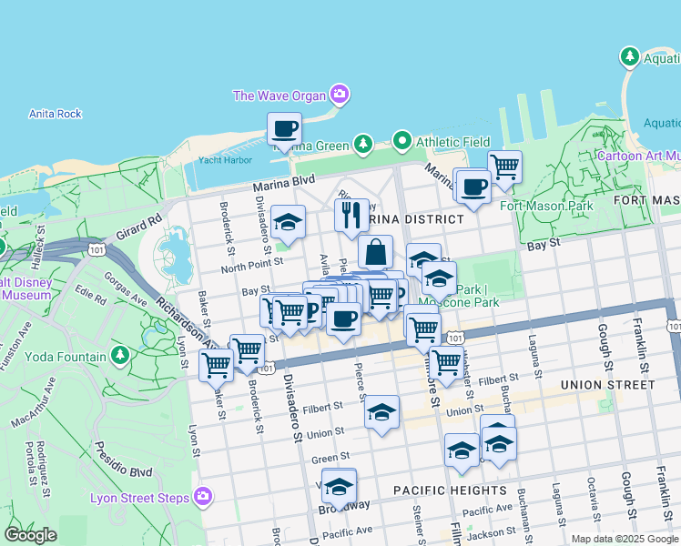 map of restaurants, bars, coffee shops, grocery stores, and more near in San Francisco