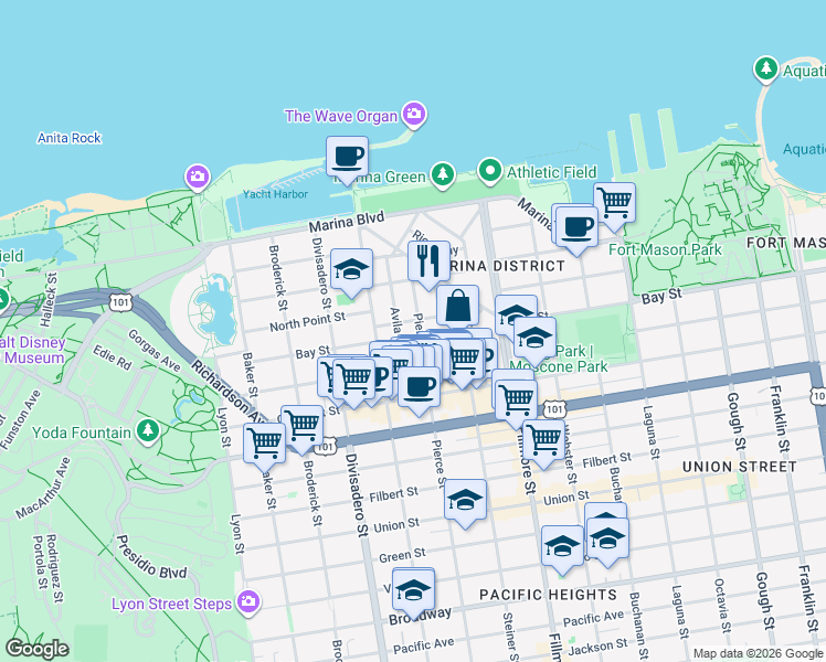 map of restaurants, bars, coffee shops, grocery stores, and more near in San Francisco