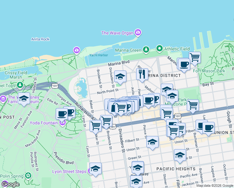 map of restaurants, bars, coffee shops, grocery stores, and more near 3617 Divisadero Street in San Francisco