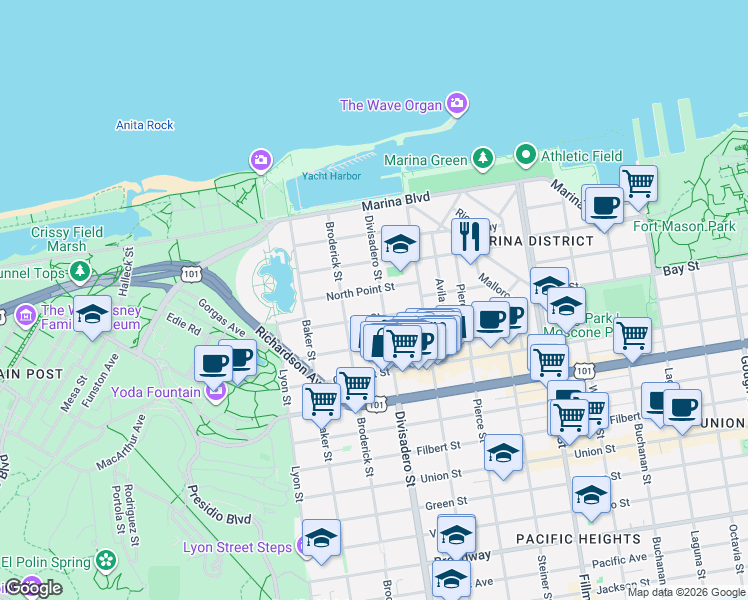 map of restaurants, bars, coffee shops, grocery stores, and more near 3617 Divisadero Street in San Francisco