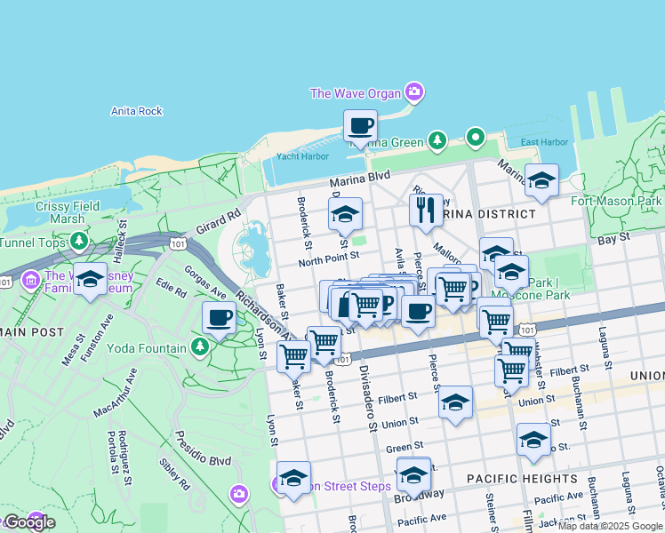 map of restaurants, bars, coffee shops, grocery stores, and more near 3617 Divisadero Street in San Francisco