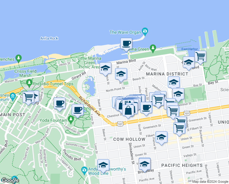 map of restaurants, bars, coffee shops, grocery stores, and more near 3524 Broderick Street in San Francisco