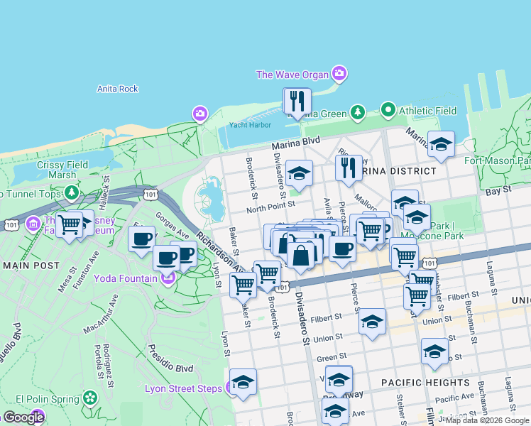 map of restaurants, bars, coffee shops, grocery stores, and more near 3524 Broderick Street in San Francisco