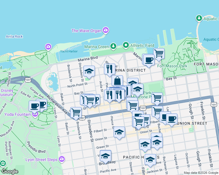 map of restaurants, bars, coffee shops, grocery stores, and more near 3460 Pierce Street in San Francisco