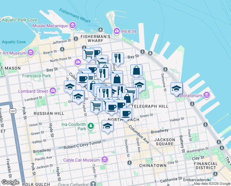 map of restaurants, bars, coffee shops, grocery stores, and more near 636 Greenwich Street in San Francisco