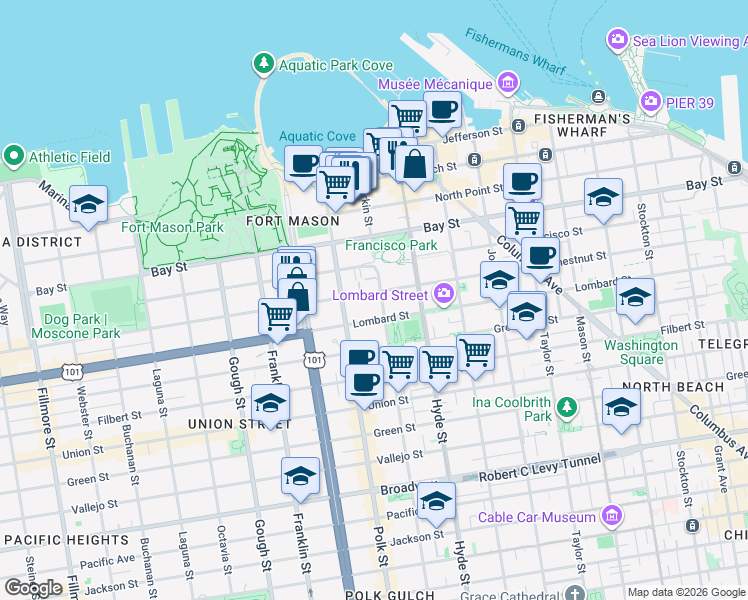 map of restaurants, bars, coffee shops, grocery stores, and more near 1056 Chestnut Street in San Francisco