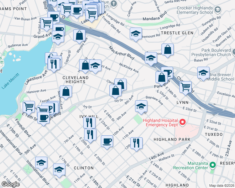 map of restaurants, bars, coffee shops, grocery stores, and more near 869 Cleveland Street in Oakland