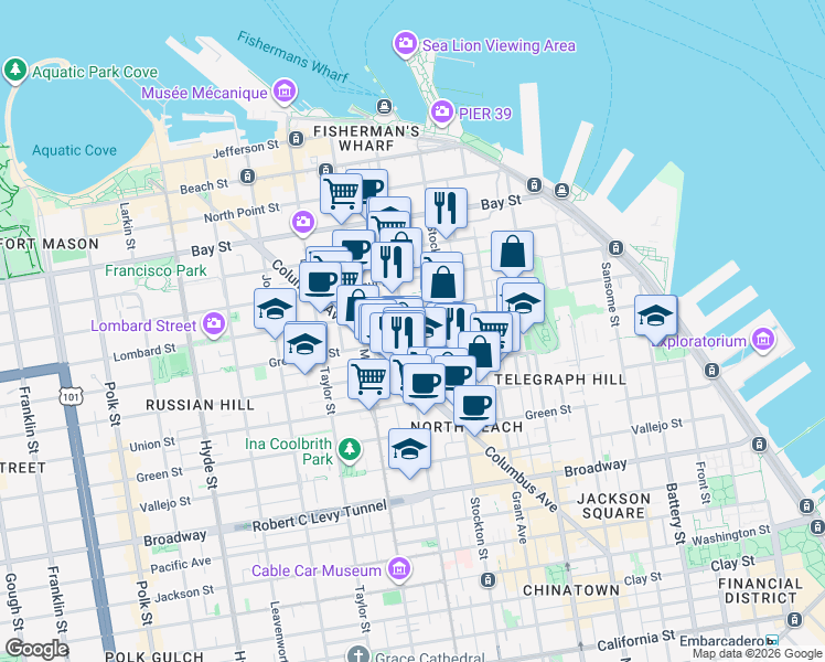 map of restaurants, bars, coffee shops, grocery stores, and more near 636 Greenwich Street in San Francisco