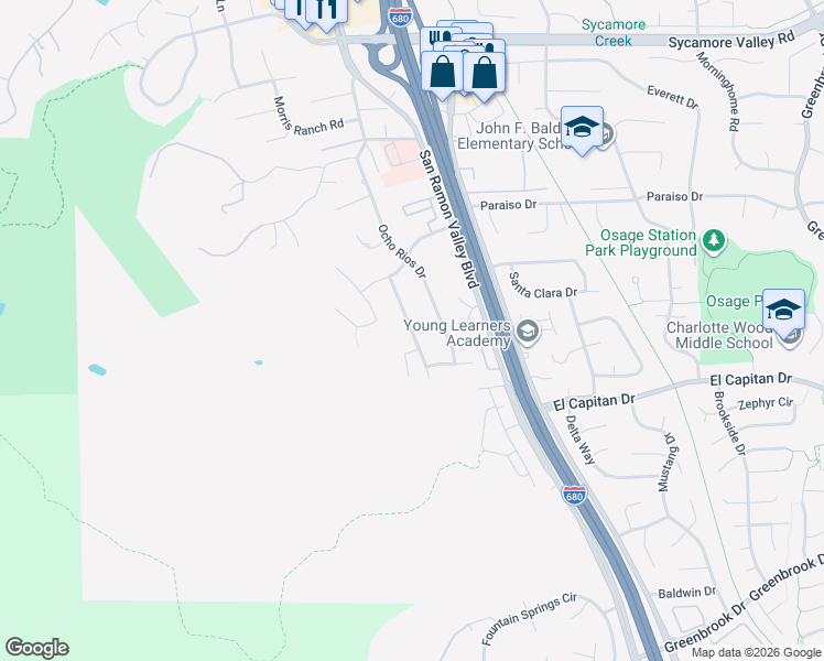 map of restaurants, bars, coffee shops, grocery stores, and more near Westridge Avenue in Danville