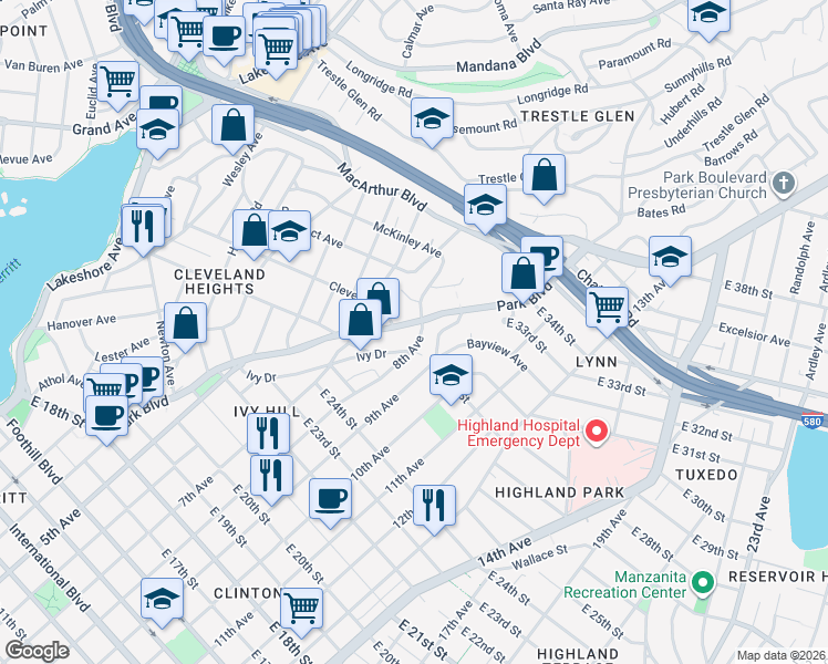 map of restaurants, bars, coffee shops, grocery stores, and more near 2820 Park Boulevard in Oakland